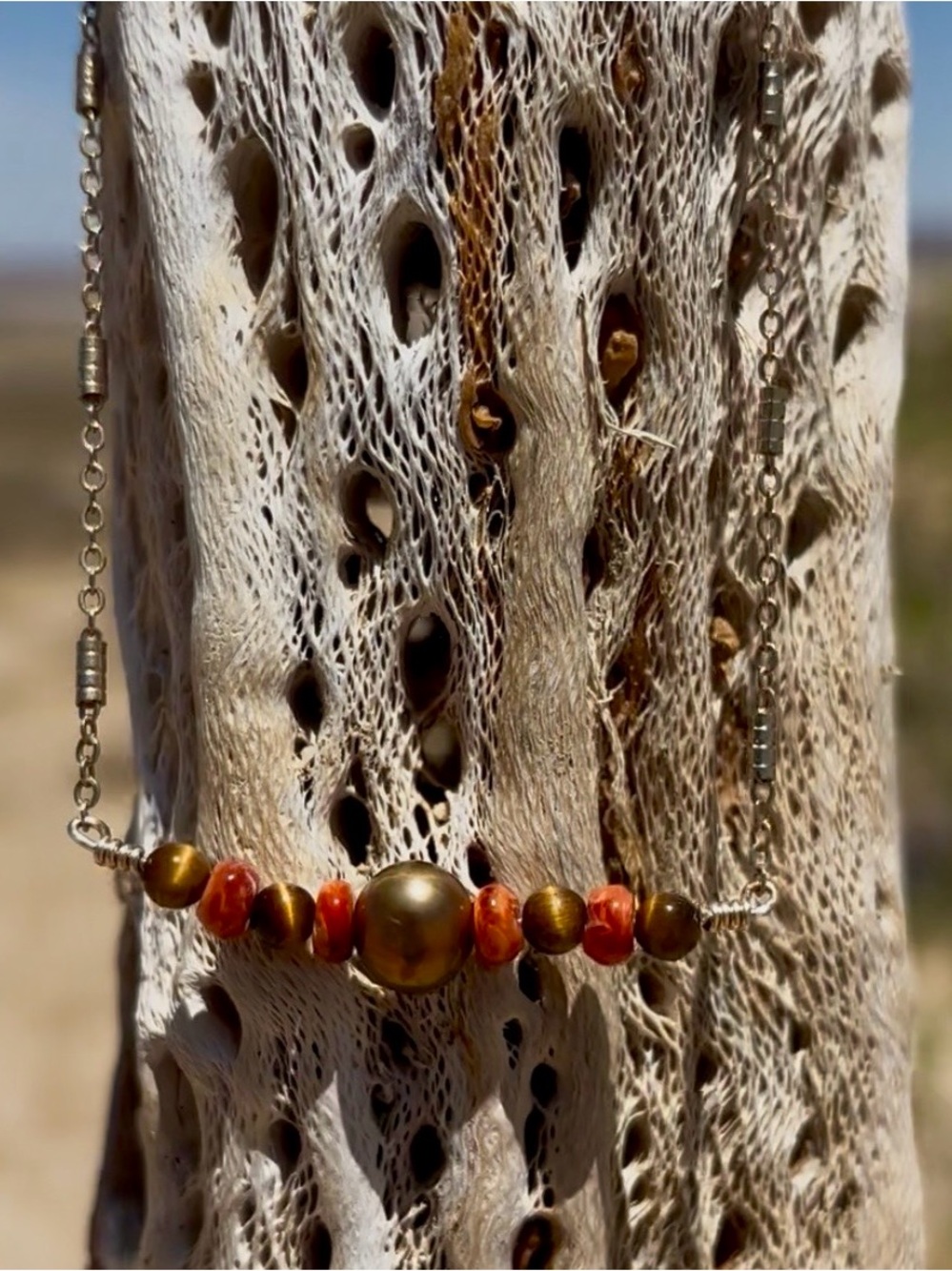 Handmade Vintage Genuine Freshwater Pearl, Tigers Eye and Orange Spiny Necklace